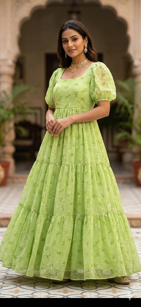 Georgette gown — gold georgette Dresses, front view