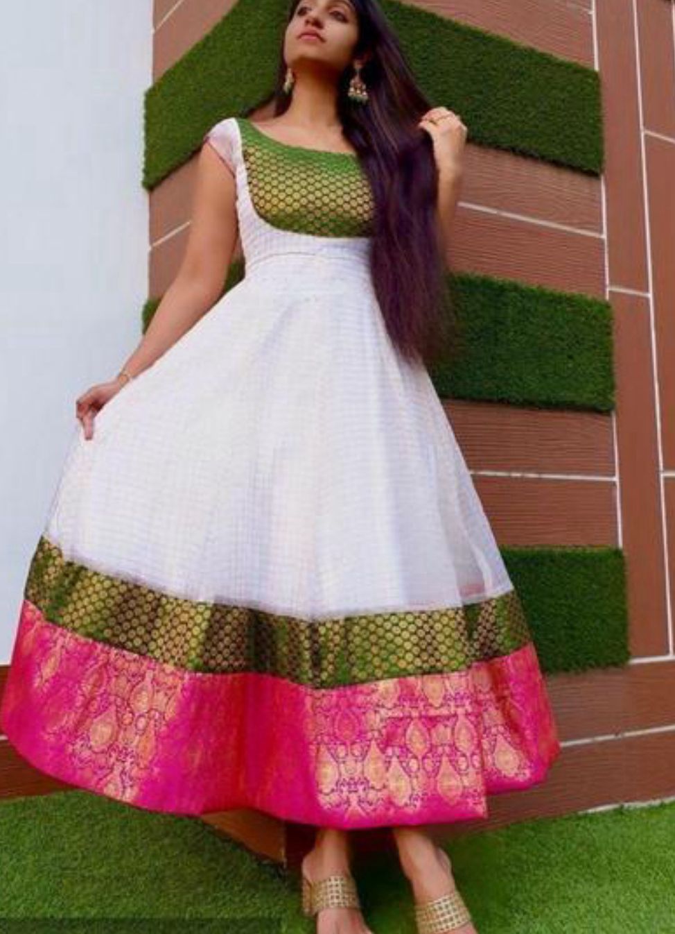 Jacquard Anarkali long gown — red Dresses, front view