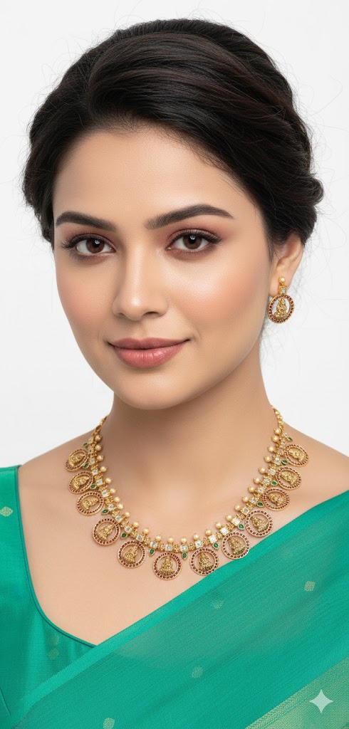 Bottu mala Necklace with earings. — maroon Jewellery, front view