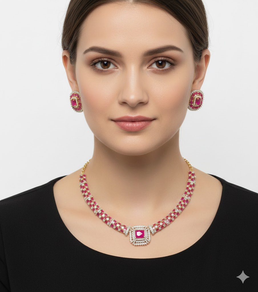American diamond necklace with earings. — gold Jewellery, front view