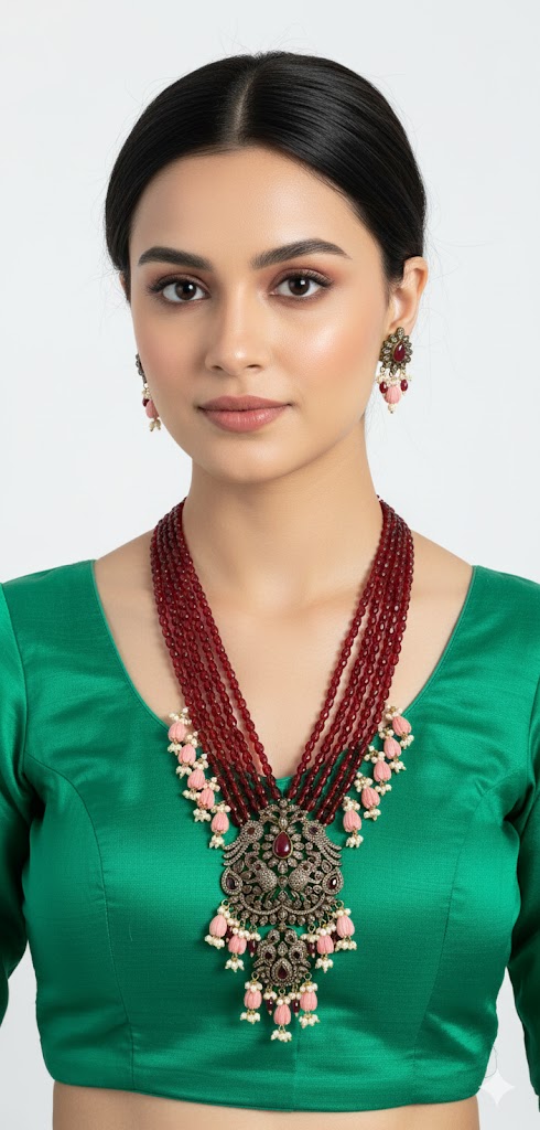 Beads mala ( Rani Haram) with Earings. — rust Jewellery, front view