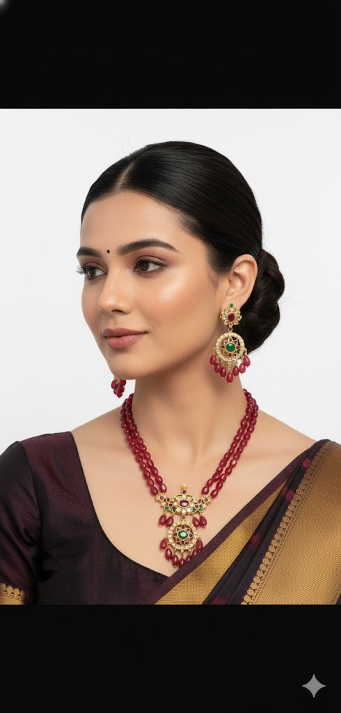 Beads mala with Earrings. — maroon Jewellery, front view