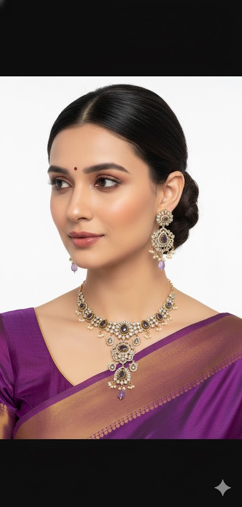 American Diamond necklace with Jhumkas — gold Jewellery, front view