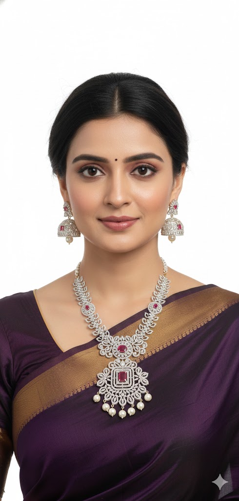 American diamond necklace with Jhumkas — white Jewellery, front view