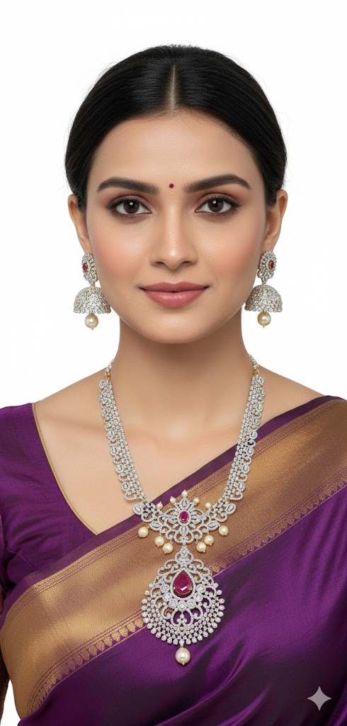 American diamond necklace with Jhumkas. — white Jewellery, front view