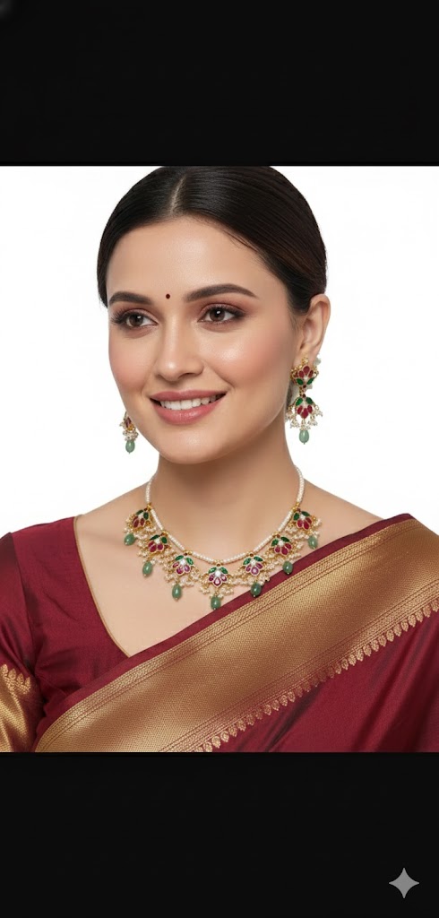 Jadau necklace with earrings — gold Jewellery, front view