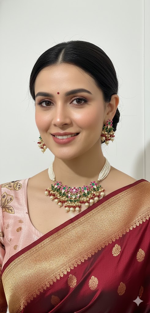 Jadau Kundan choker set with Earnings — gold Jewellery, front view