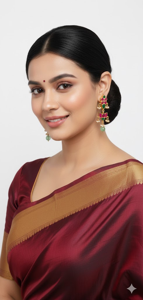 Jadau kundan — maroon silk Jewellery, front view