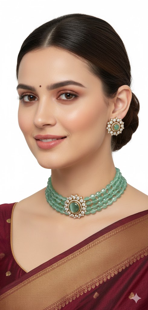 Beads chowkar with victorian locket comes with Earrings. — Jewellery, front view