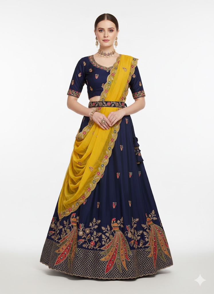 Space Silk Lehenga Set with heavy Embroidery, Dupatta, belt with Stitched Blouse — silk Lehengas, front view