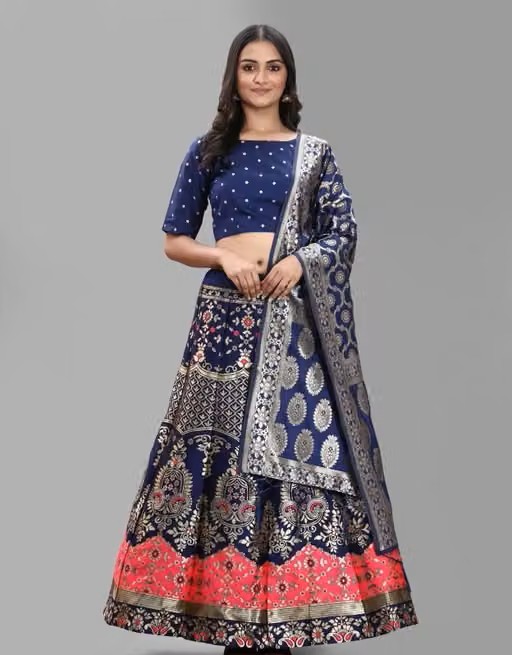 LATEST FANCY SELF DESIGN LAHENGA CHOLI with stiched blouse — navy Lehengas, front view
