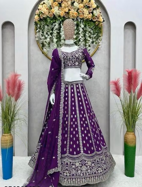 Georgette Embroidered Blue Semi-Stitched Lehenga with Unstitched Blouse — red georgette Lehengas, front view