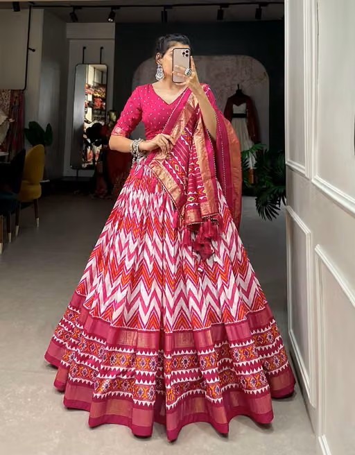 Silk Lehnga Choli And Dupatta with stitched blouse — pink silk Lehengas, front view