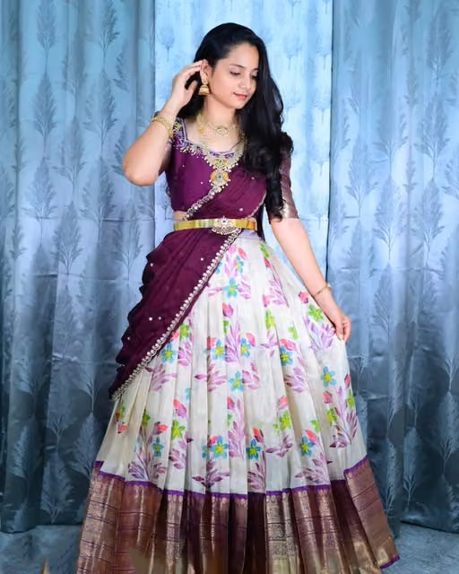 Art Silk lehanga with stitched blouse — white silk Lehengas, front view