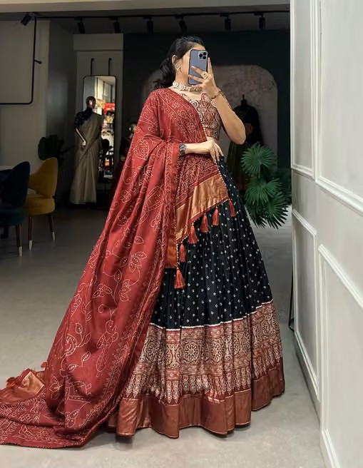 Black Patola Print Traditional Lehenga Choli — maroon cotton Lehengas, front view