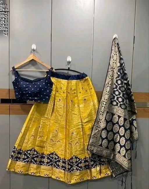 LATEST FANCY SELF DESIGN LAHENGA CHOLI with stiched blouse — navy Lehengas, front view
