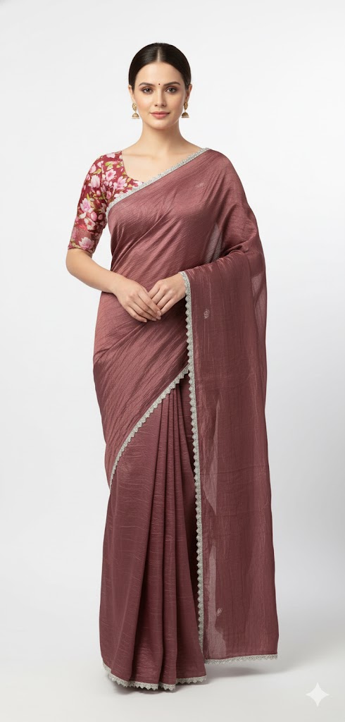 Crushed Soft Silk Saree with printed Blouse — rose silk Sarees, front view