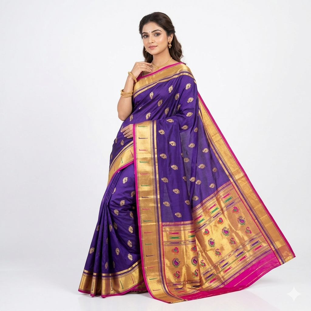 Pure Banarasi Silk Paithni Saree — gold banarasi silk Sarees, front view
