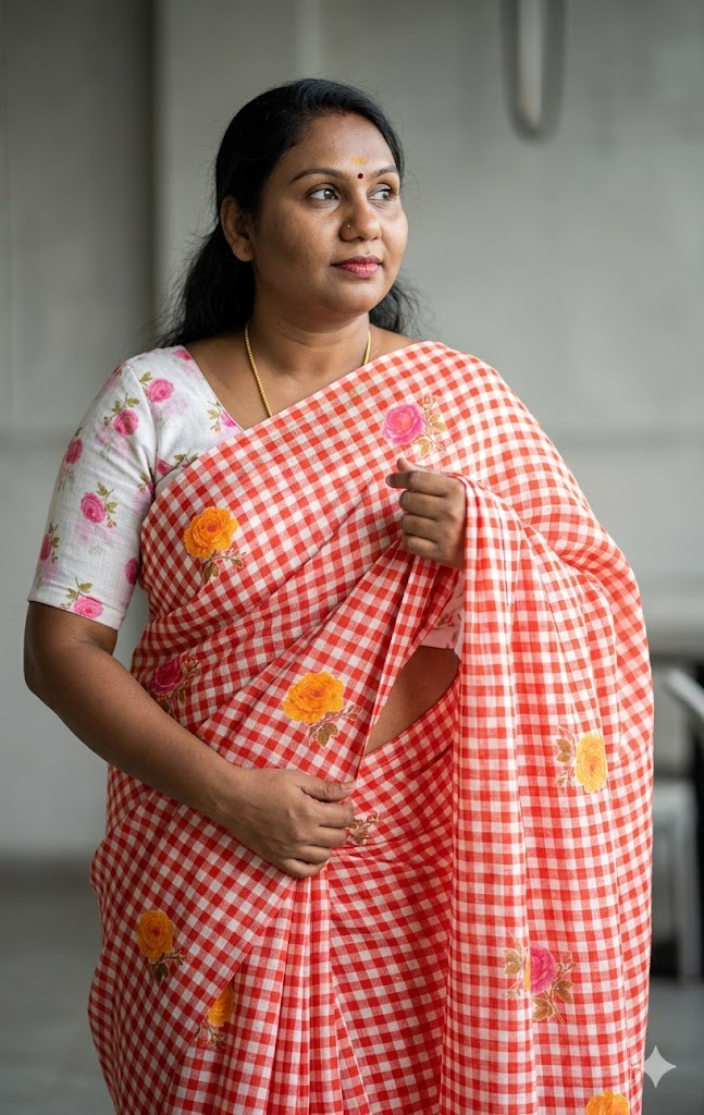 Linen cotton saree with Stitched Blouse — cotton Sarees, front view