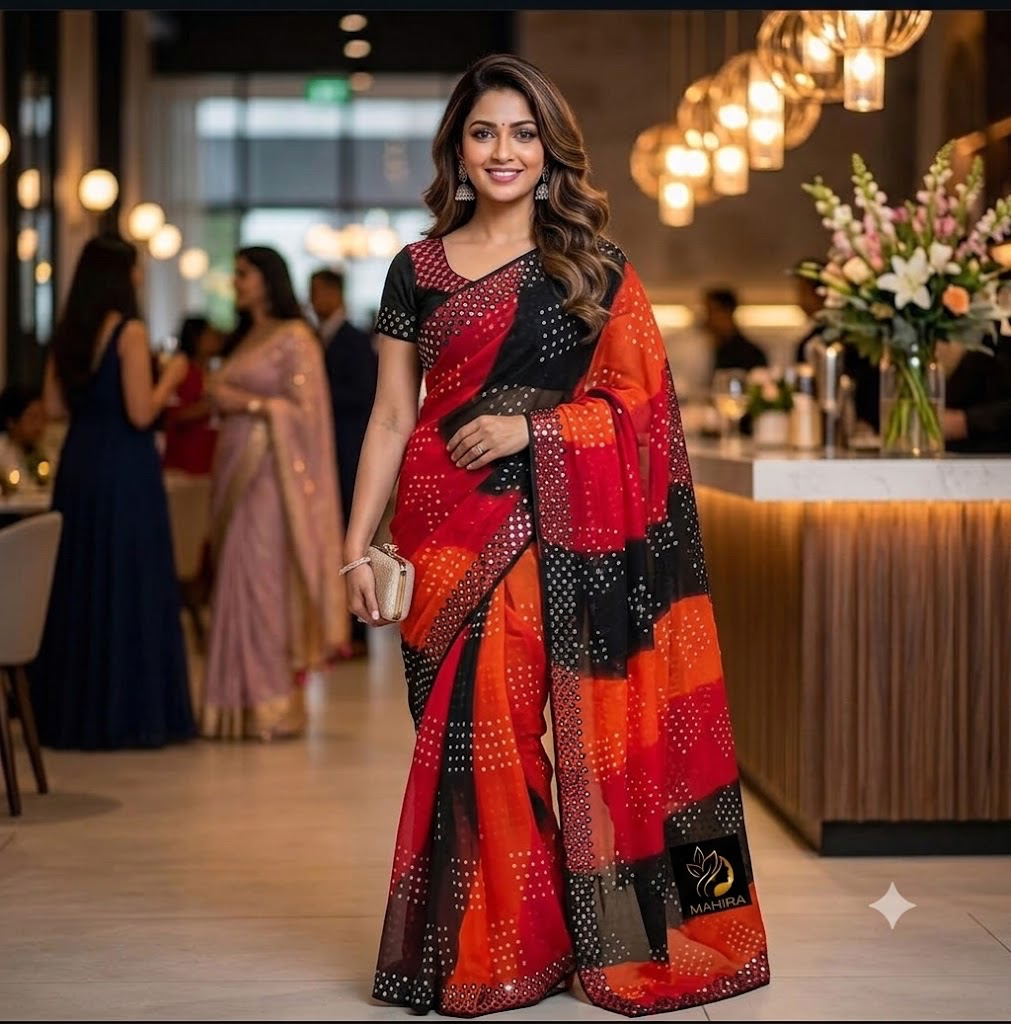 Bandhani mirrow saree with unstitched blouse — black Sarees, front view