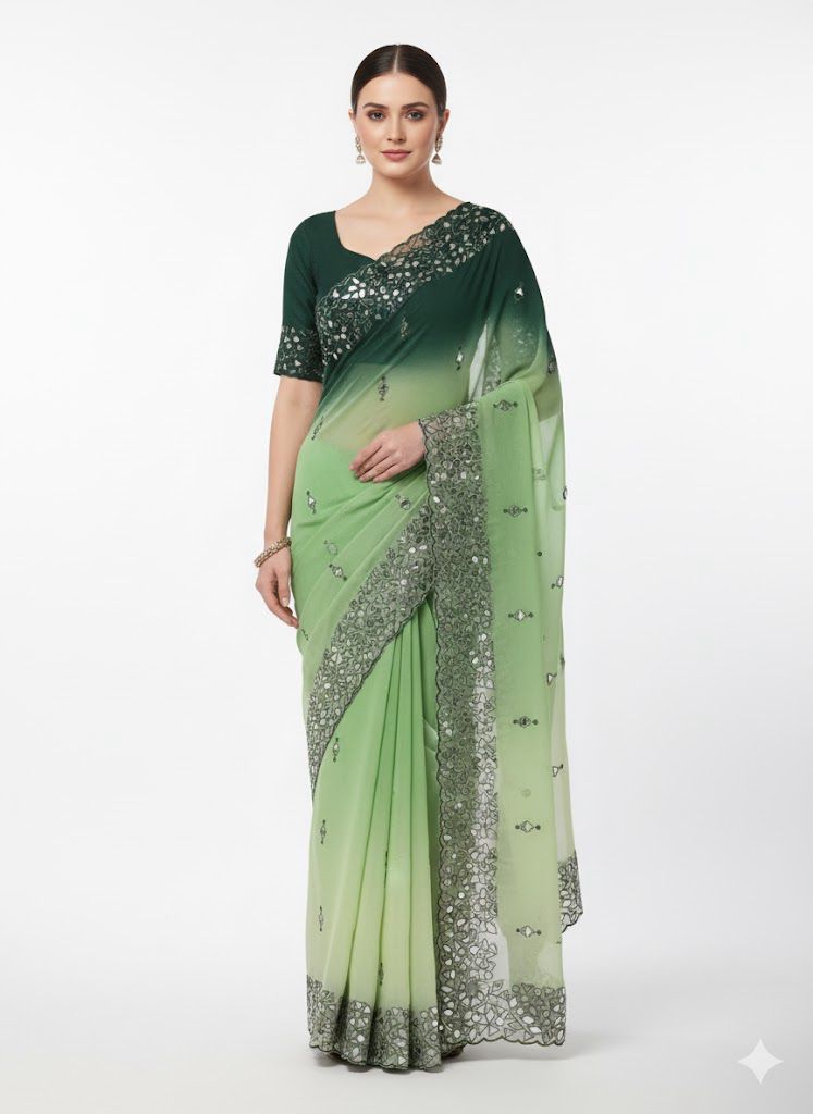 Georgette saree real mirrow with Stitched blouse. — georgette Sarees, front view