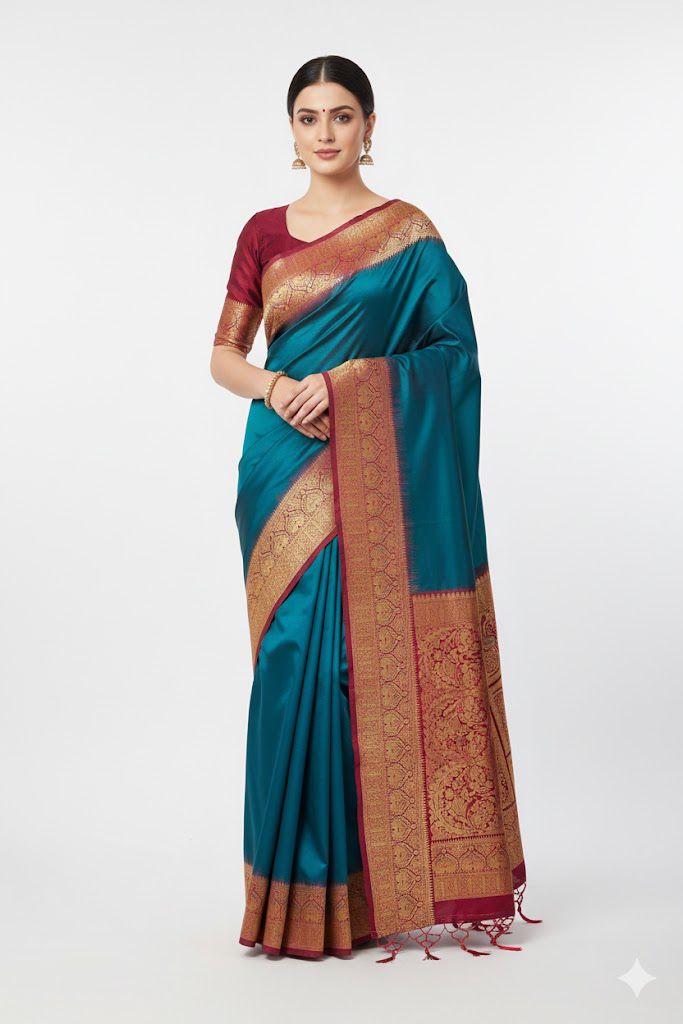 Original pattu saree with Stitched blouse. — Sarees, front view