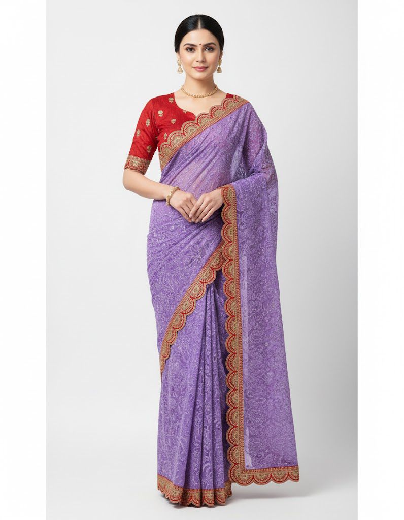 Wedding chikankari saree with stitched blouse — Sarees, front view