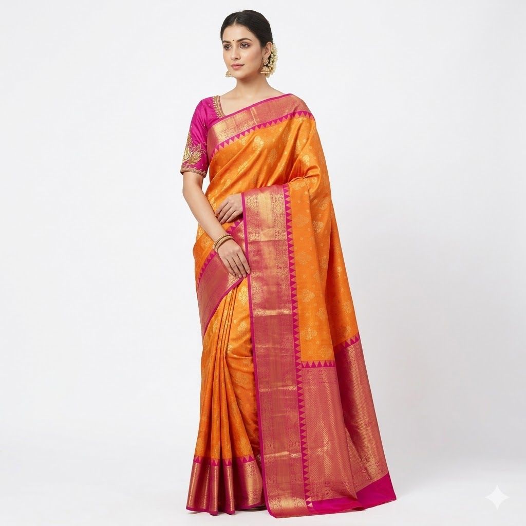 Wedding Badal pure pattu saree with maggam work stitched blouse — red silk Sarees, front view